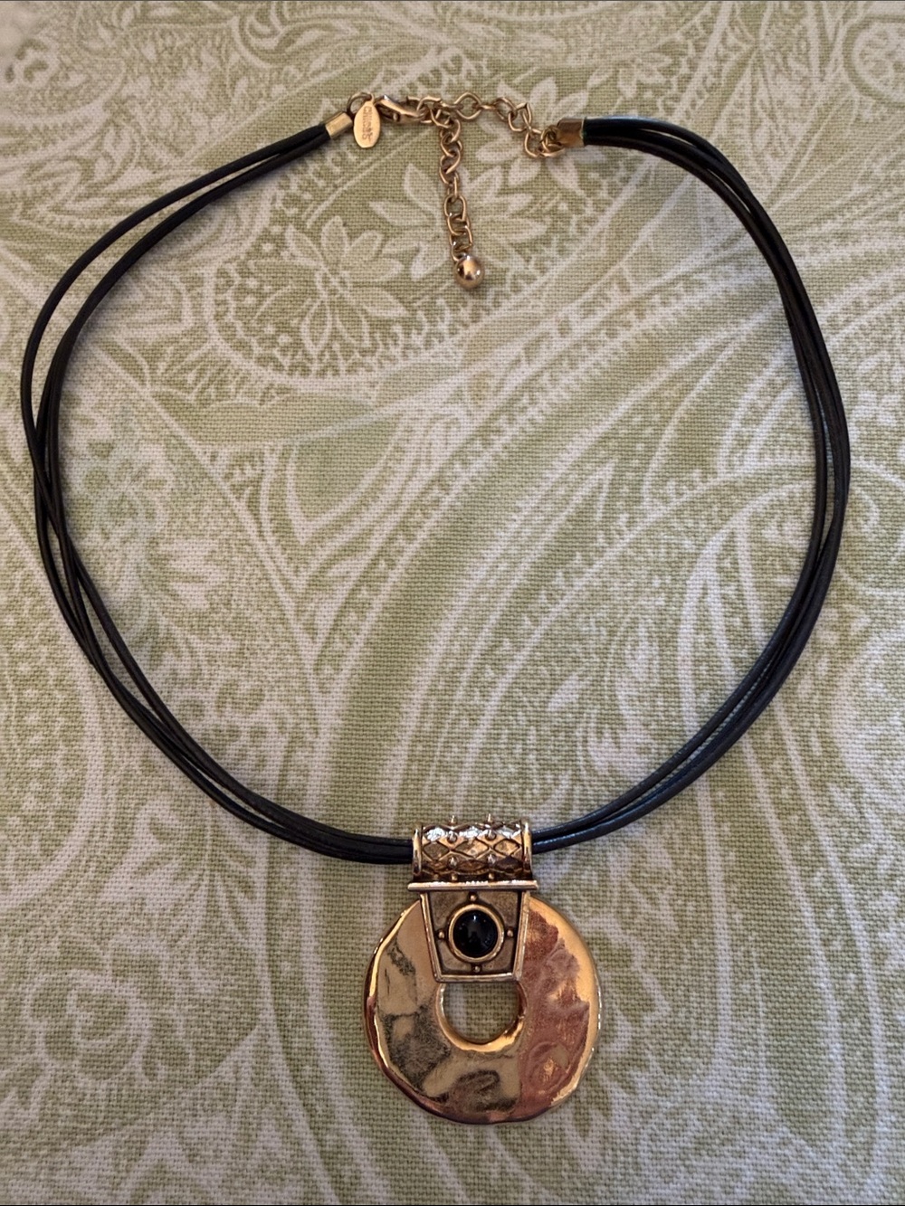 Chico's gold tone medallion necklace on black leather like chain